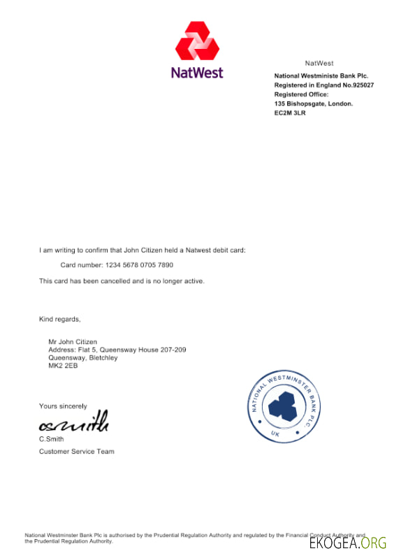 Lettre de confirmation d'annulation de carte de débit de la banque NatWest au Royaume Uni